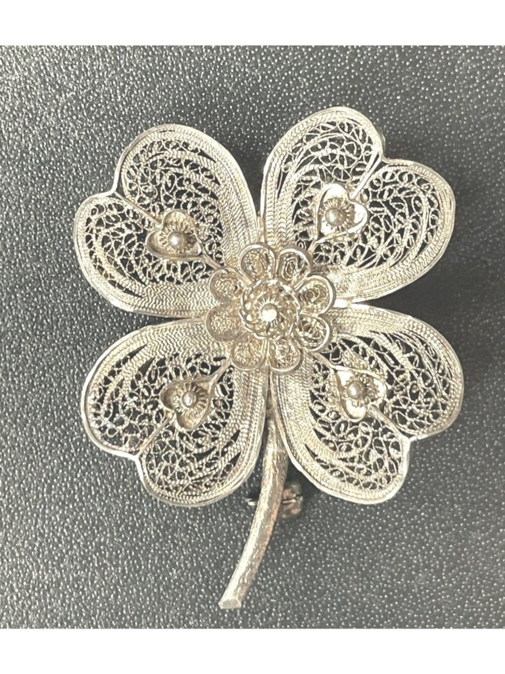 Vintage Van Lou Sterling Silver Vermeil Four Leaf Clover Filigree Brooch